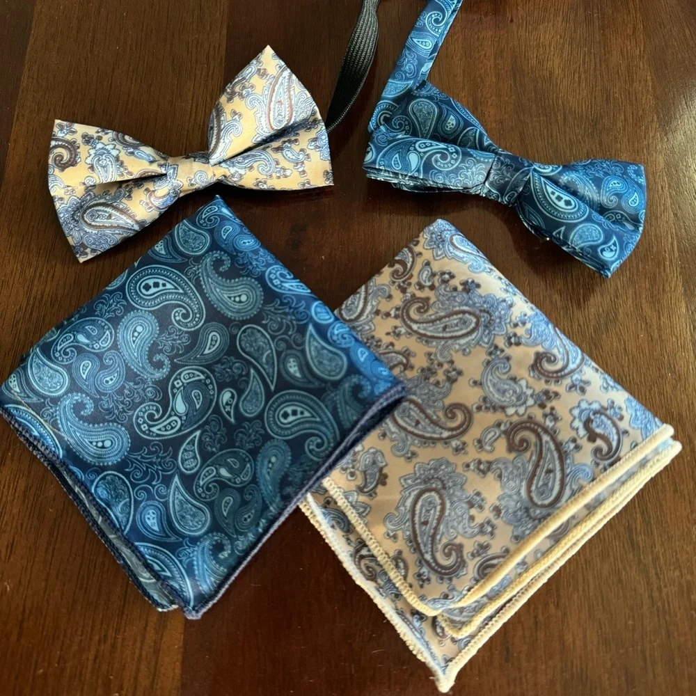 Bundle of Blue and Tan Paisley Boys bow tie and pocket square